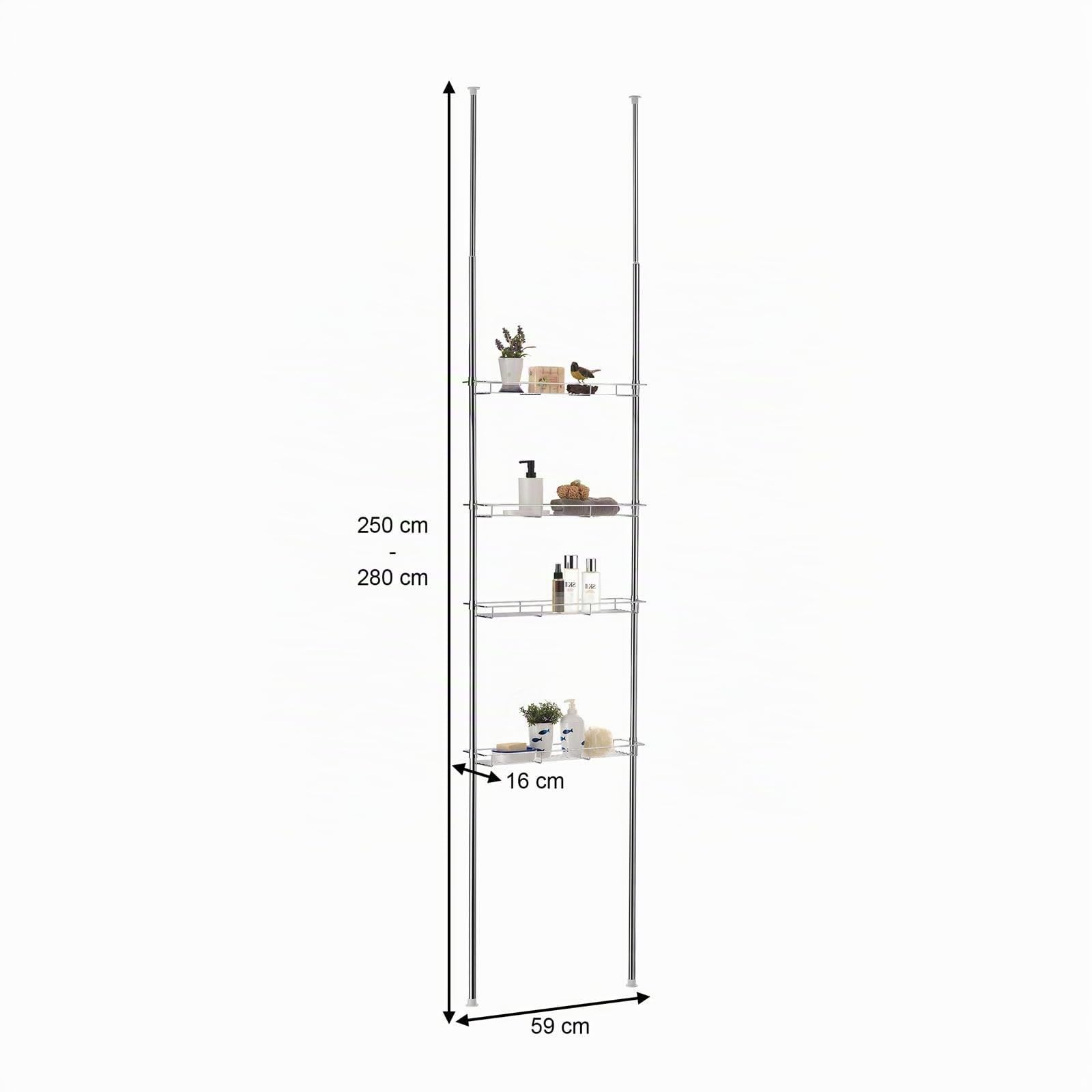Duschregal Paula, 4 offene Ablagekörbe, Chrome, Teleskopstange höhenverstellbar, ausziehbar bis 280cm. Ideal für Badezimmer ohne Bohren. Inklusive Duschablage Teleskopstange