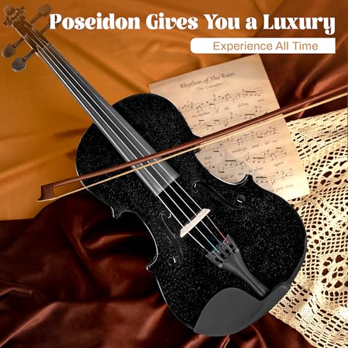 Image of Poseidon 3 /4 Violin Size Set for Beginners, Black Violin for Beginner Fiddle Kit with Hard Case, Bow, Rosin, Horse Bridge, Violin Strings 3 /4 Full Set, Shoulder Rest, Clip-on Tuner, Manual Instruction