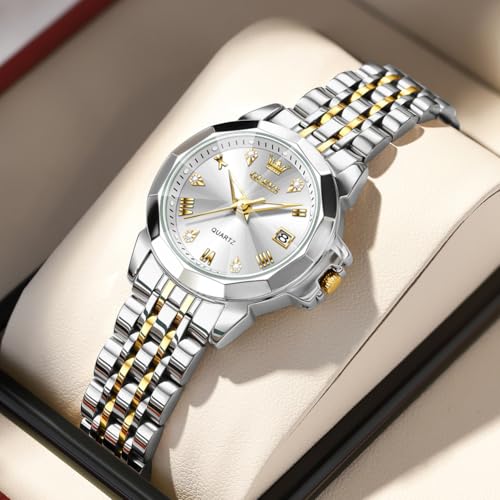 Image of OLEVS Womens Watch Fashion Diamond Analog Gifts Watches for Ladies Quartz Stainless Steel Casual Roman Waterproof Luminous Calendar Wristwatch