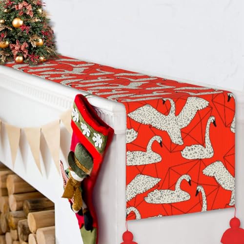 Chemin de table de Noël cygnes blancs anti-plis avec pompons
