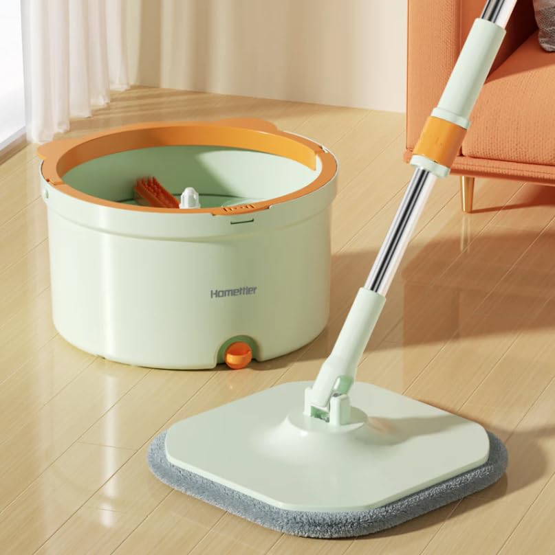 CoolMop Smile - Sistema de fregona giratoria plana y cubo con cámaras separadas de agua limpia y sucia, poste largo ajustable, escurridor manos libres auto-giratorio, 2 almohadillas de microfibra