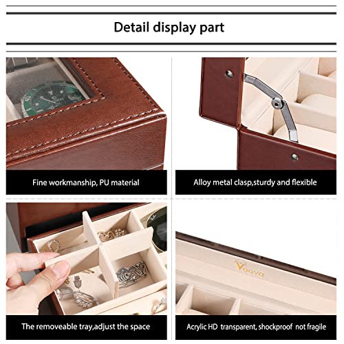 Voova Jewelry Box Watch Boxes Organizer For Men Women, 2 Layer Large 12 Slot Pu Leather Watch Storage Case, Glass Top Jewelry Display Holder For Watches Sunglasses Rings Necklaces Bracelets (Brown) #TOP4