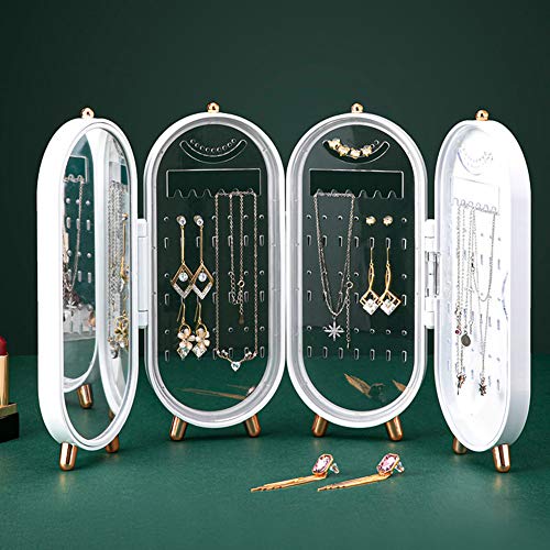 Willcome Large Capacity Dustproof Jewelry Organizer Box with Mirror, Acrylic Screen Earrings Holder Foldable Earrings Display Stand Bracelets Necklaces Storage Rack for Woman, Girl (White)
