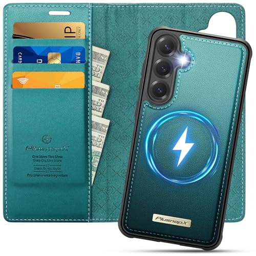 PlusnapX Wallet Case for Samsung Galaxy S25 Plus Compatible with Magsafe 2-in-1 PU Leather Flip RFID Blocking Card Holder Stand Shockproof Magnetic Detachable Cover for Galaxy S25 Plus Bluegreen