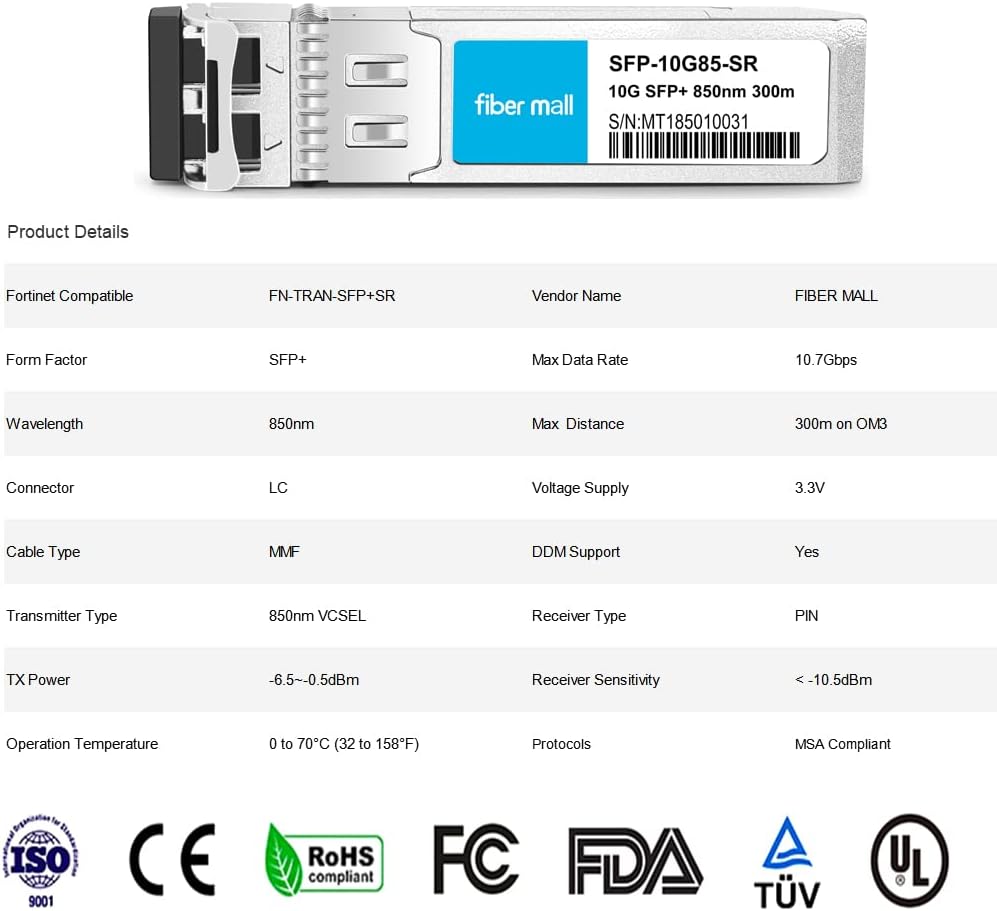 FiberMall SFP 10G SR for Fortinet Network Fn-Tran-SFP+SR Fiber Optic Transceiver Module 10GBASE-SR SFP+ 850nm 300m MMF LC DOM
