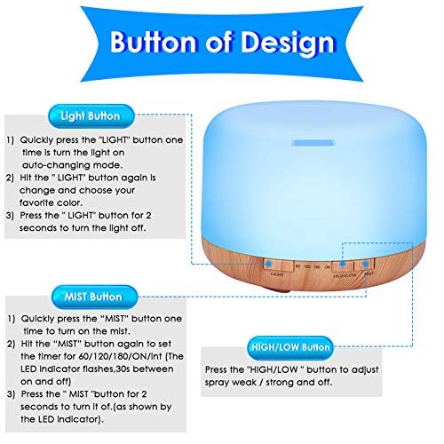 Diffuserlove Essential Oil Diffuser 500ML Remote Control Aromatherapy Diffuser Cool Mist Humidifiers 7 LED Night Light for Home Office SPA Yellow - Image 5