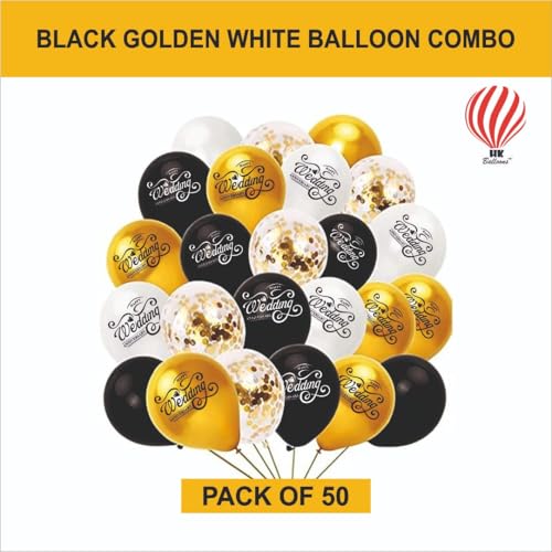 Image of HK balloons 50Pcs Golden White Black Anniversary Decoration Item Kite Set With Golden Confetti Balloon For Wedding Anniversary Decoration Combo for Couple Rubber