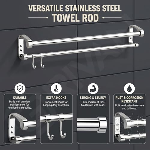 Image of GRIVAN Stainless Steel Wall Mounted 2-Tier Dual Towel Rod with Hooks | Modern Towel Holder in Bathroom for Clothes - Towel Stand (Silver Chrome, 24 inch)