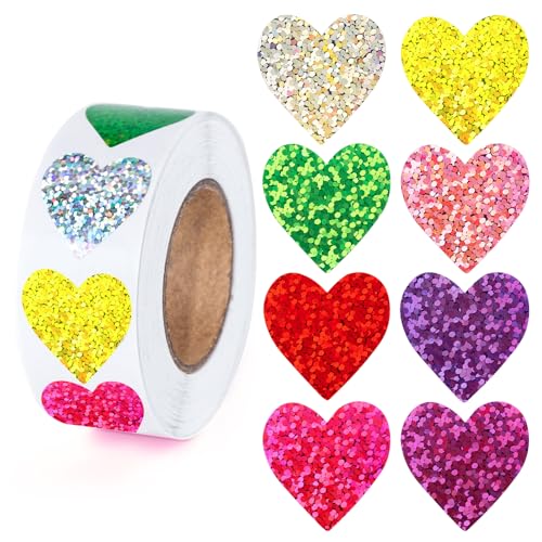 Anwyll Heart Stickers - 500Pcs 1Inch Valentines Day Heart Stickers Glitter Colored Heart Shape Sticker for Reward Classroom Self Adhesive Love...