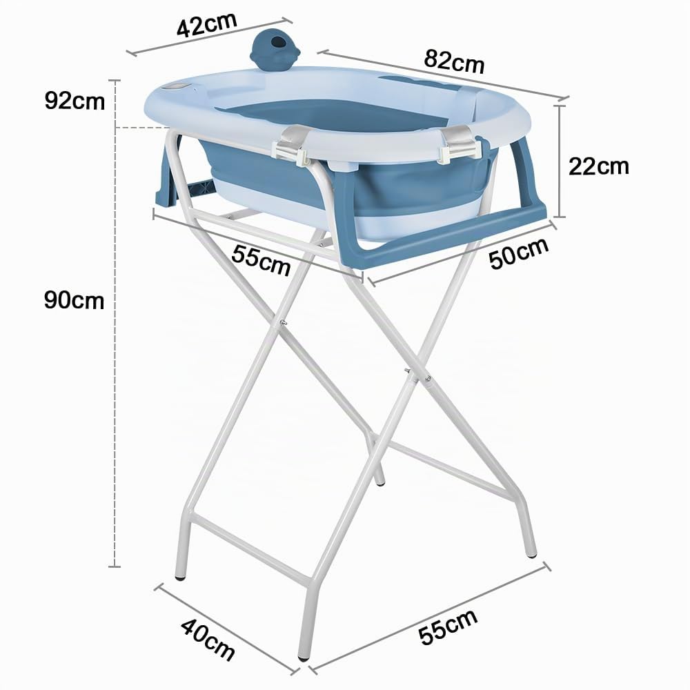 MUL-BOUTIQU Baignoire Bébé Pliable XXL avec Support, Thermomètre et Coussin - Baignoire Bebe Sur Pied - Idéal Pour Cadeau De Naissance Fille Ou Garçon (bleu)