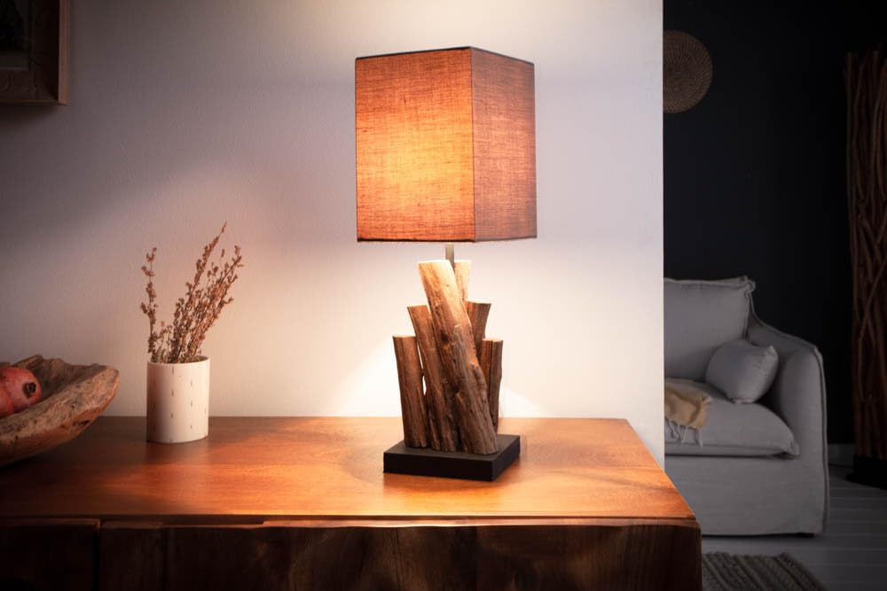 invicta INTERIOR Handgefertigte Tischlampe PURE NATURE - 45cm - Akazienholz mit Baumwollschirm Nachttischlampe Unikat Massivholz Tischleuchte Nachttischleuchte