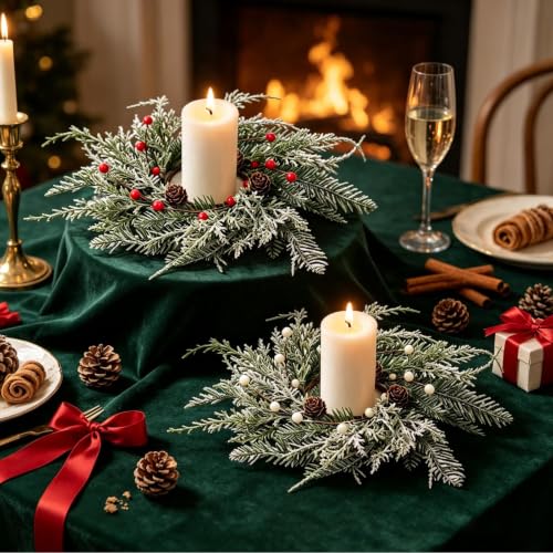 Image of 4 PCS Fall Candle Ring Wreaths Artificial Autumn Candle Holder Wreath | Thanksgiving Candle Ring with Berries Eucalyptus Forsythia for Farmhouse Harvest Pillar Candles Table Centerpiece Decor