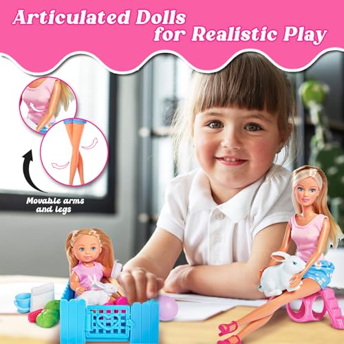 Image of Steffi & Evi Happy Animal Doll Set| Vibrant Pretend Play Dolls with Pets| Adorable Baby Doll with 16+ Baby & Animal Accessories| Ideal Gift for 3+ Year Girls (Rabbits)