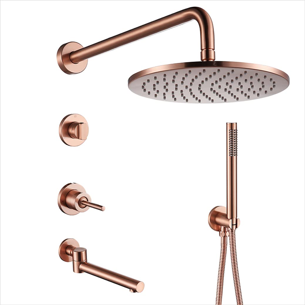 OZBMA Shower Set System, Brass Brushed Rose Gold Taps Wall Arm Diverter Mixer Handheld Spray Sets with 8-10 Inch Round Rainfall Head and Tub Taps, Set,10