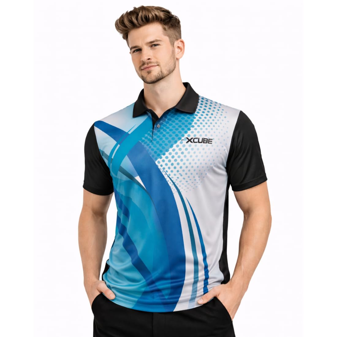 xcube Men's Sports Polo T-Shirt, Black and Blue Geometric Design, Short Sleeve, Gym & Sportswear-picture-52
