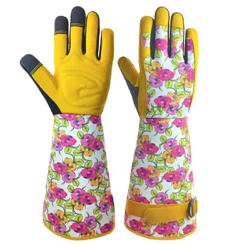 SAVJOB Premium Grain Leahter Gardening Garden Gloves for Women,Thorn Proof Yard Work with Touchscreen,Gifts,Rose,Large