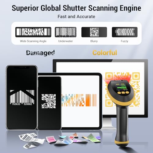 Image of Tera Barcode Scanner Wireless 2D with Stand: Pro Version Digital Setting Screen Keypad Works with Bluetooth 2.4G Wireless USB Wired Extra Fast Scanning Speed Handheld Bar Code Reader HW0009-Z Yellow