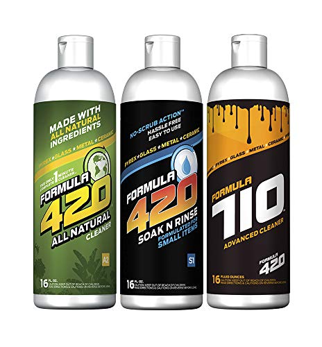 Formula 420 Bundle Pack : 1 Bottle ALL NATURAL Formula 420 Pipe Cleaner - Cleans - Glass, Pyrex, Metal, Ceramic 16 oz, 1 Bottle Formula 420 Soak-N-Rinse 16 oz & 1 Bottle Formula 710 Advanced Cleaner