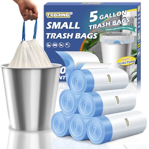 T.FORING Small Trash Bags 5 Gallon Drawstring 1.1 Mil Unscented 120 Count