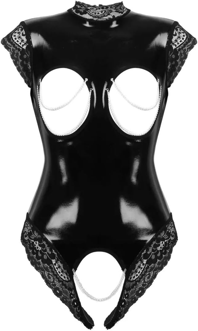 Lingerie Women Leather Jumpsuit High Cut Crotchless Open Leotard Wet Look Sleeveless Underwear