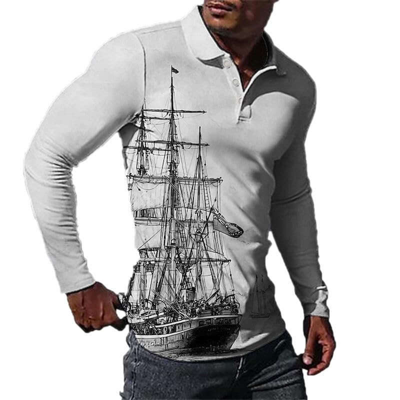 T-Shirt Uomo Stampa 3D Nave A Vela Retrò - Maglia Manica Corta Casual Slim Fit