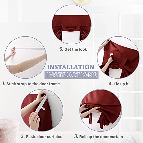 RYB HOME Blackout Door Curtain - Privacy Thermal Insulated Front/Tricia/Patio French Door Window Curtains Sidelight Curtain Tie up Shade, W34 x L40 inch, 1 Panel, Red