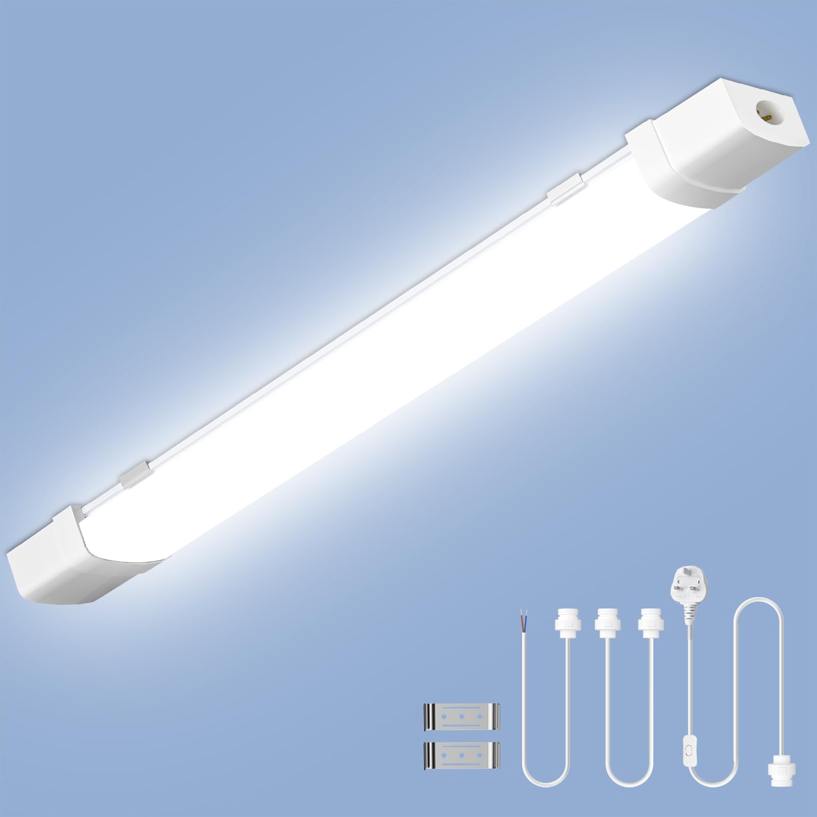 wowspeed 4FT 120CM Linkable Led Batten Light with Motion, 40W 6500K Plug&Switch Tube Shed Loft Light, IP43 Plug in Strip Sensing Lights for Garage Office Workshop Basement Bathroom Hotel Kitchen