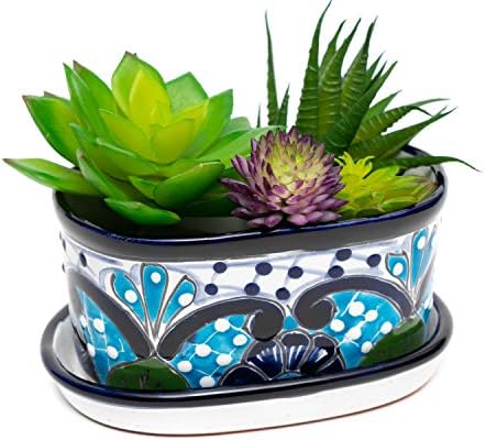 Enchanted Talavera Ceramic Succulent Pot Mini Flower Planter Cactus Bonsai Pot W Drainage Drip Dish Home Garden Office Desk Decor Gift Set Turquoise White Amazon Sg Garden