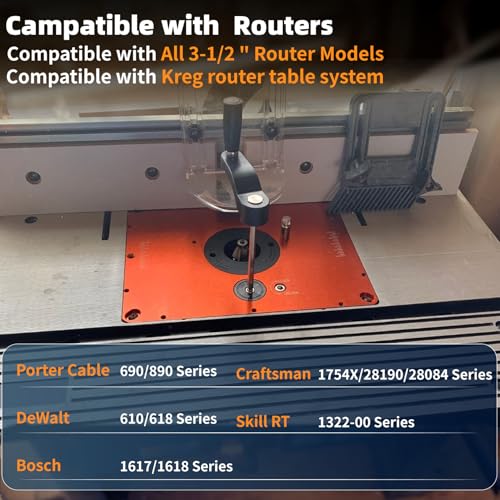3-1/2" Router Lift System, Precision Router Table Lift for 3-1/2" Diameter Motor, 9-1/4'' x 11-3/4'' Plate 5-Piece Insert Ring Kit Compatible with Bosch, Kreg, Skil, Porter, DeWalt, Craftsman, Ridgid