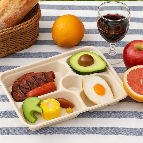 xozeooeu 60 Pack Compostable 5 Compartment Plates, 11” x 8.3” Disposable Bagasse Lunch Trays, Heavy-Duty Eco-Friendly Sectional Paper Plates for Learning Places, Party, Buffet (Beige) - Thumbnail 5