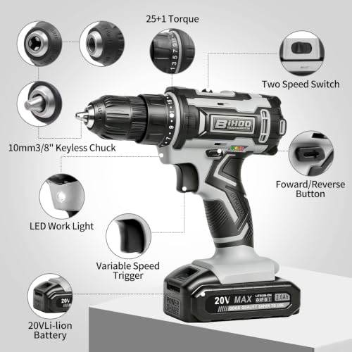 Image of Cordless Drill Set,20V Drill Driver with Battery and Charger,3 /8-Inch Keyless Chuck, Variable Speed,with Drills Bits Set,Gray