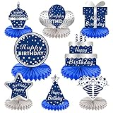 8Pcs Happy Birthday Decorations Honeycomb Centerpieces Party Supplies for Men, Blue Silver Birthday Honeycomb Table Decor, Happy Birthday Table Centerpiece