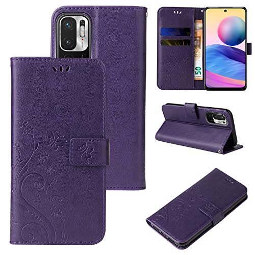 LBH Handy Hülle für Xiaomi Redmi Note 10 5G Case Handytasche Schmetterling Blumen Flower Standfunktion Schutzhülle Magnet Rundum Schutz 360 Grad Flipcase Cover Violett