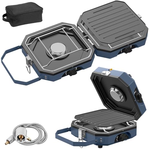 2 Burner Folding Camping Stove, Portable Propane Camp Stove with Total Griddle Grates and Carrying Bag, 16,000 BTU, Two Adjustable Burners & Piezo Ignition for Camping, Outdoor Cooking BBQ Tailgating