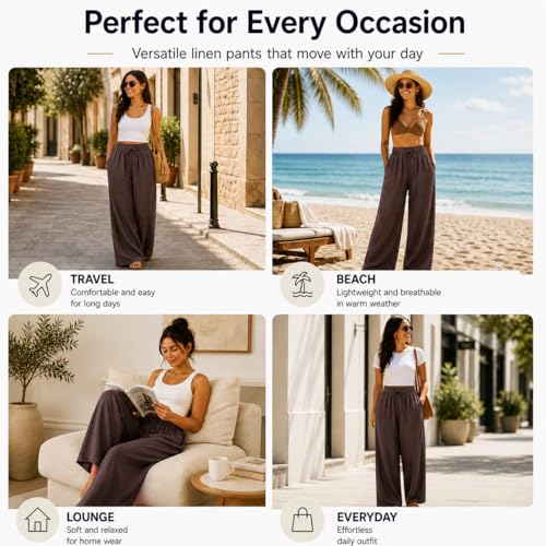 Image of Women Linen Wide Leg Pants High Waist Drawstring Elastic Waist Trousers Breathable Lightweight Summer Palazzo Pants Casual Travel Lounge Wear with Pockets