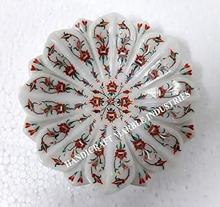 White Marble Platter Pot Potpourri Fruit Bowl, Floral Inlay Marquetry Pietra Dura, Dining Table Decor, Home Decor Gift