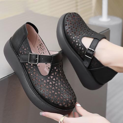 Women's Genuine Leather Hollow Out Orthotic Platform Mary Jane Sneakers Adjustable Hook and Loop T-Strap Casual Breathable Comfortable Chunky Wedge Arch Support Walking Shoes4