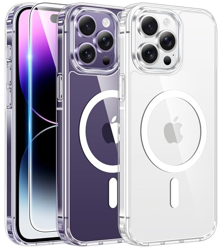FNTCASE for iPhone 14 Pro Case: Clear Magnetic Phone Cases with Screen Protector Compatible with Magsafe Slim Anti Yellowing Rugged Shockproof Protective Transparent Cell Phone Cover (A-Clear)