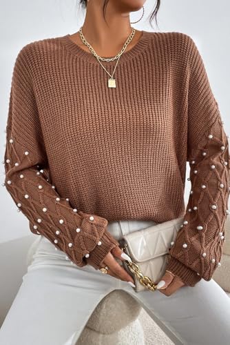 Women's Chestnut Beaded Drop Shoulder Round Neck Sweater4