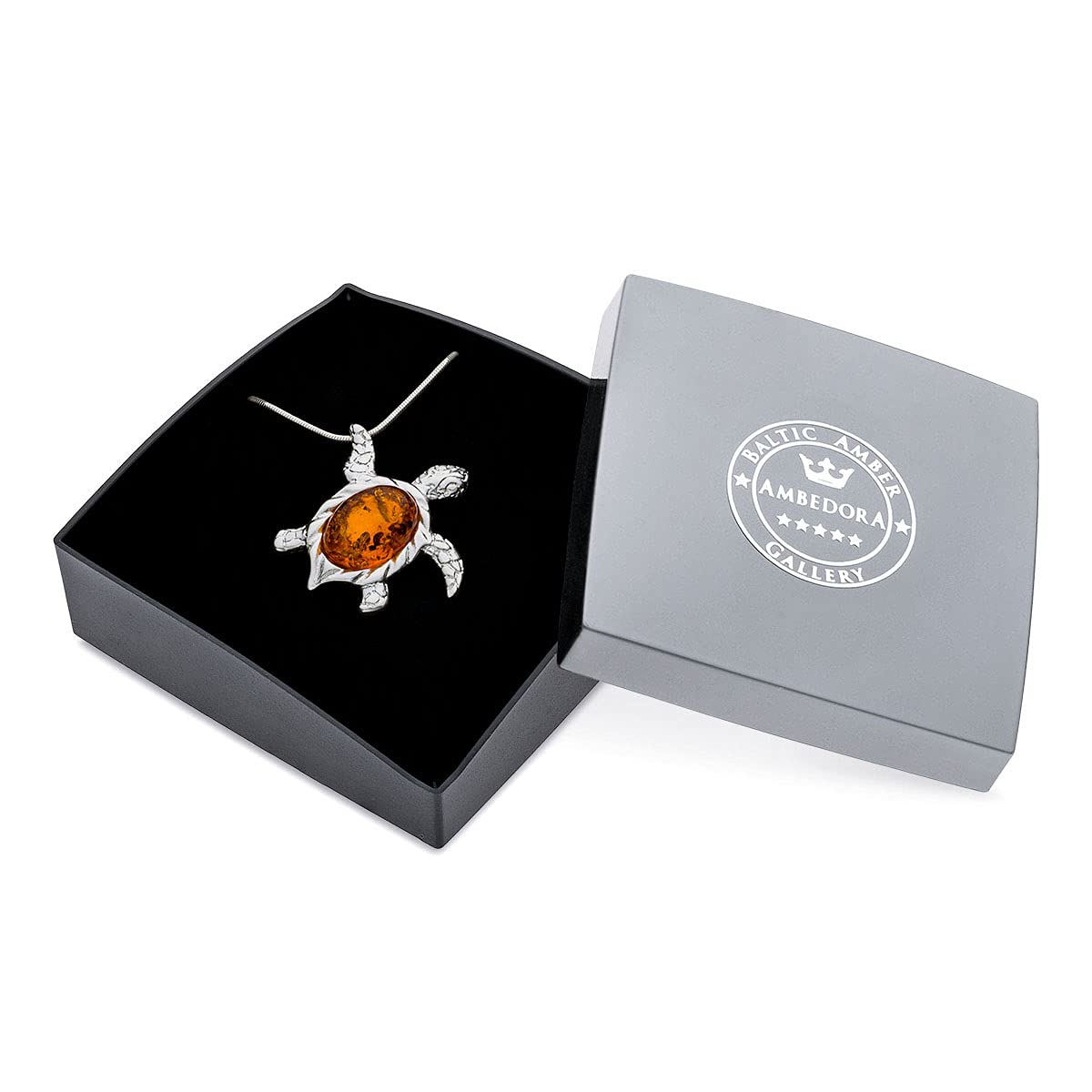 Damen 925 Sterling Silber Halskette mit Nano-Beschichtung Schutz Oval Baltischen Bernstein Meeresschildkröte Anhänger an einer Kette mit einer Schlangenkette, Geschenk-Set.