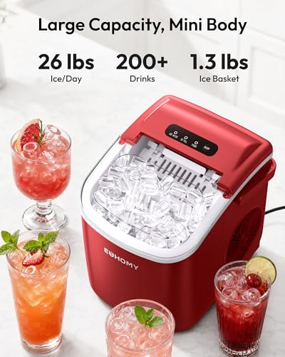 Image of EUHOMY Countertop Ice Maker Machine with Handle, 26lbs Per Day, 9 Ice Cubes Ready in 6 Mins, Auto-Cleaning Portable Ice Maker with Basket and Scoop, for Home /Kitchen /Camping /RV (Red)
