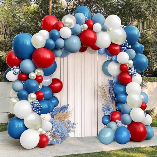 Red Blue White Balloon Garland Double Stuffed Royal Blue Red Balloons Pearl White Sand Pastel Latex Balloon Arch Kit for Birthday 4th of July Graduation Wedding Nautical Patriotic Party Decorations