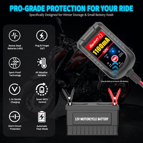 Image of 2 Pack Motorcycle Battery Charger 12V, 1.1Amp Trickle Charger and Maintainer - Smart Automatic Float Charger for Cruiser Sport Bike ATV Scooter Dirt Bike Lawn Mower, LiFePO4 Lead Acid AGM Gel