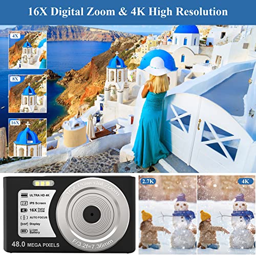 4K Digital Camera - 48Mp Portable Camera With 32Gb Sd Card， Mini Digital Videocamera 16X Digital Zoom Autofocus, Point And Shoot Camera For Students, Teens, Kids #TOP1