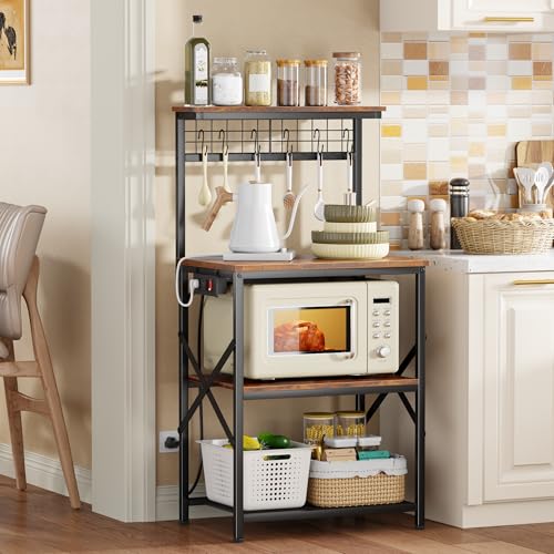 Furologee Kitchen Bakers Rack with Power Outlet, Microwave Oven Stand with Storage 4 Tiers, Coffee Bar Table with 6 S Hooks, Kitchen Storage Shelf Rack for Spices, Pots, Rustic Brown - Image 3