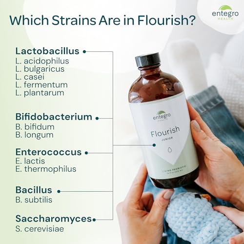 Image of ENTEGRO Flourish Junior Liquid Probiotic & Postbiotic Supplement with Spoon - Plastic | 11 Live Cultures | Gut & Digestive Health for Women, Men & Kids | Vegan & Gluten Free | USA Made | 16 fl oz