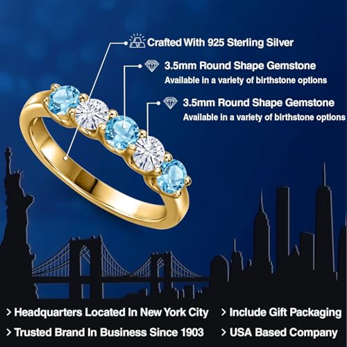 Gem Stone King 18K Yellow Gold Plated Silver Swiss Blue Topaz and White Moissanite Wedding-Bands Ring For Women | 0.92 Cttw | Round 3.5MM | Gemstone November Birthstone | Available in Size 5,6,7,8,92