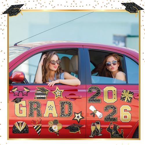 Image of Landhoow 30 Pcs Graduation Car Magnets 2026 Senior Graduation Car Decoration Bumper Sticker Congrats Grad Magnet Magnetic Refrigerator Decal for Grad Parade Party Supplies(Black, Gold)