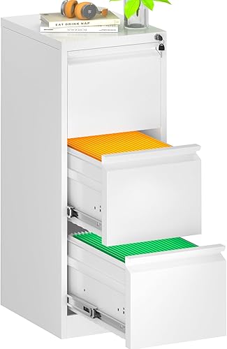 INTERGREAT Archivador de 3 cajones, archivador de metal blanco con cerradura, archivadores altos con 4 marcos ajustables para colgar para oficina en