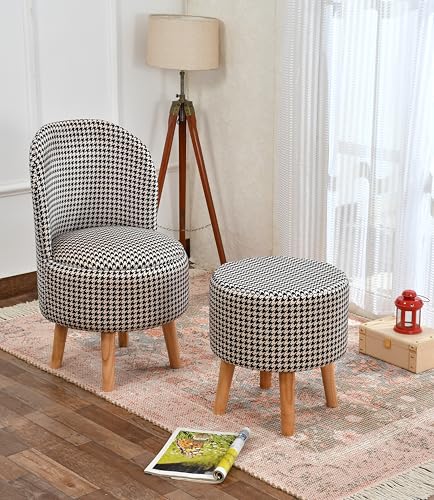 Image of NACIA Velvet Printed Ottoman Chair with Stool Combo | Dressing Table Chair for Bedroom Makeup Room Decor | Modern Upholstered Ottoman with Wooden Legs for Home (18x18x32 Inches, Black & White)